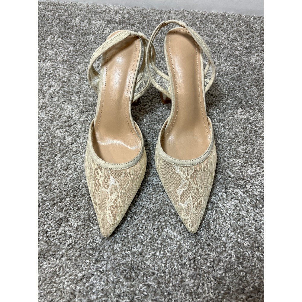 Womens Cream Floral Lace Mesh Pointed Toe Slingback Flared Kitten Heels Size 8.5